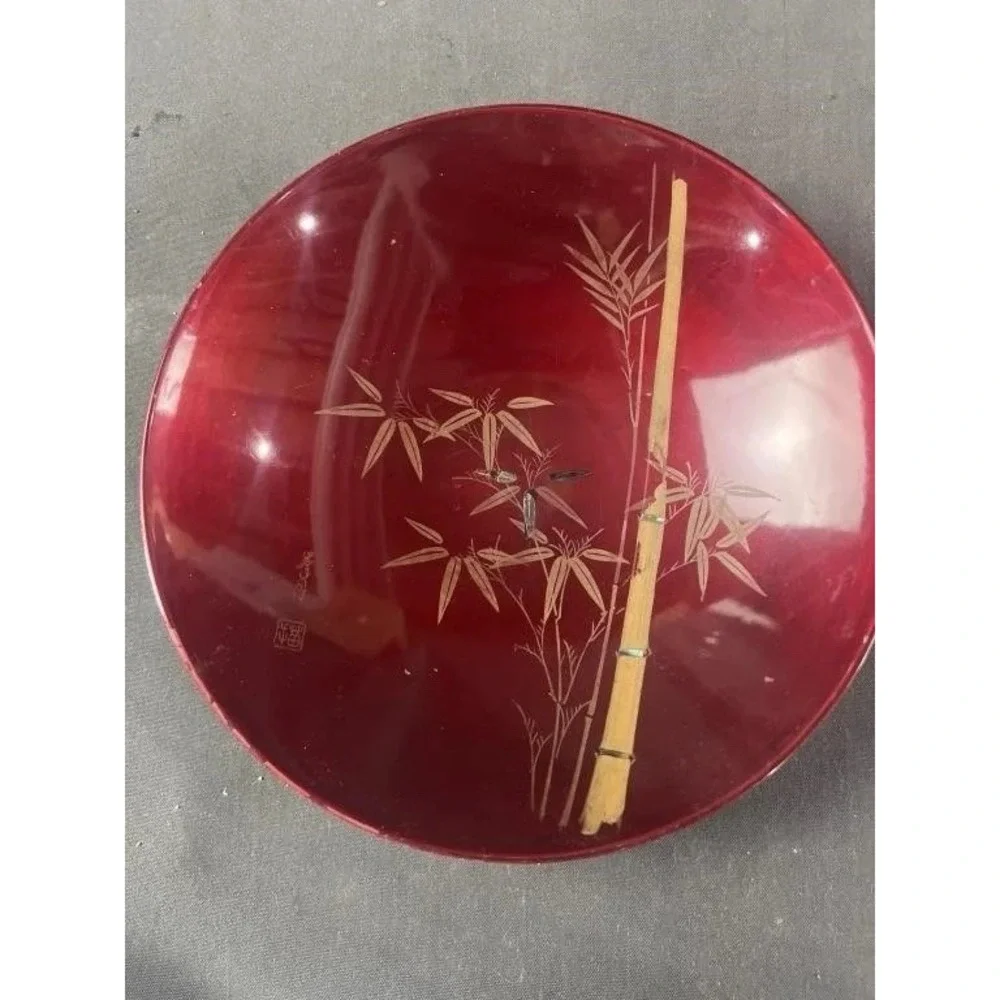 Vintage Japanese Lacquerware 1 Red 1 Green & Gold Hand Painted Bamboo Bowls 9.5